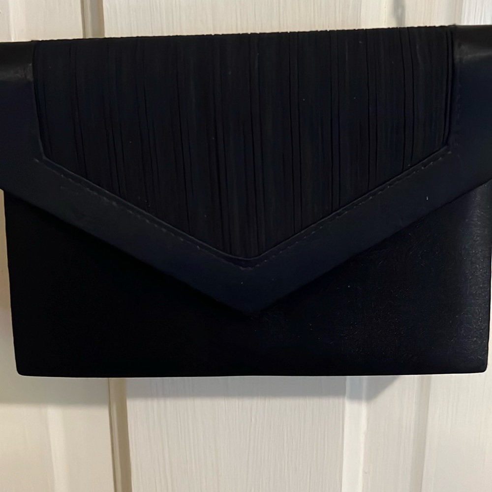 Black satin evening clutch. Small with chain